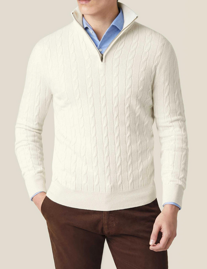 Men’s Cable Knit Sweater – Wool Blend – Half Zip – Stand Collar – Smart Casual Fit