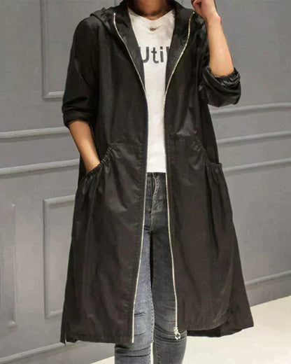Women’s Waterproof Jacket – Relaxed Fit – Knee Length – Hooded – Zip Front – Pocketed