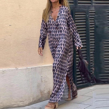 Women’s Maxi Dress – Flowing Fit – V-Neck – Long Sleeve – Side Slits – Breathable Blend