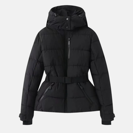 Isla Quilted Hooded Ski Jacket | Belted Zip Pockets Ski Jacket