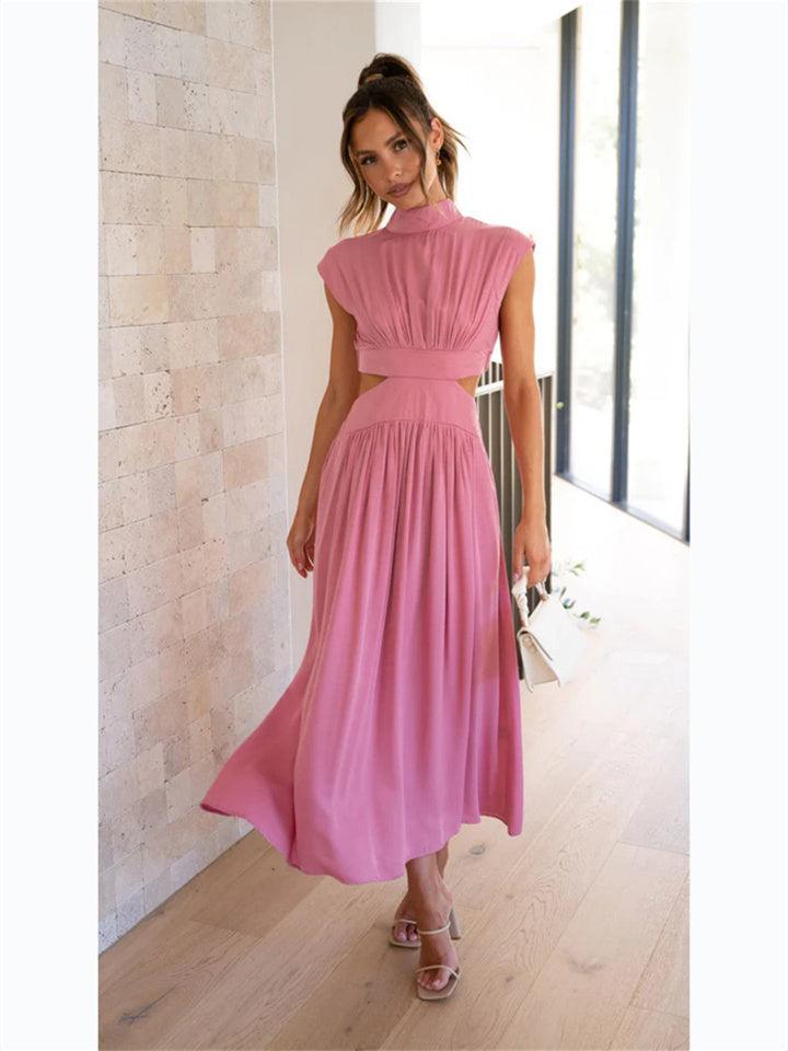 Women's Maxi Dress - Sleeveless A-Line - High Neck - Waist Cutout - Flowy Lightweight