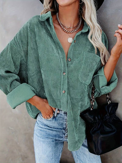Women’s Shirt – Oversized Fit – Soft Ribbed Texture – Long Sleeve Button-Up Casual