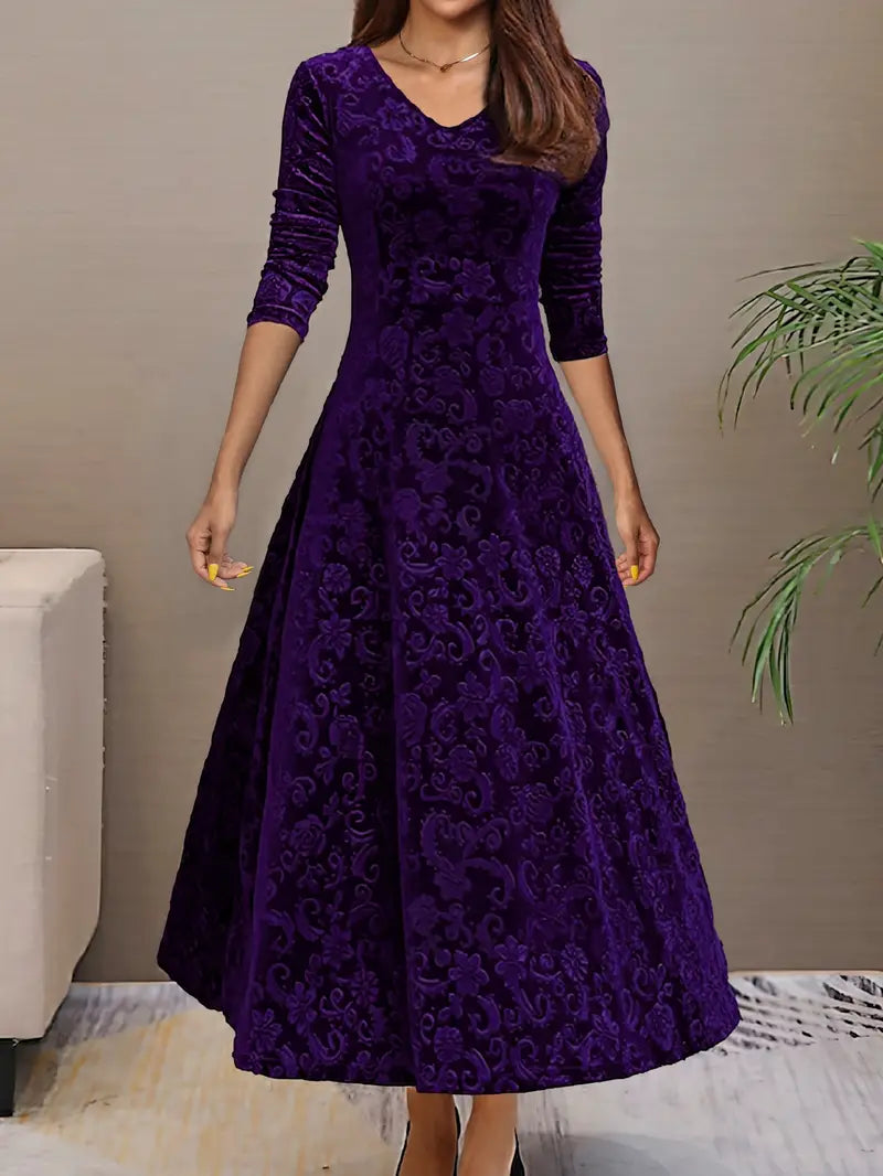 Women’s A-line Dress – Elegant Fit – Velvet Feel – Floral Texture – Floor Length – V-Neck – Long Sleeve