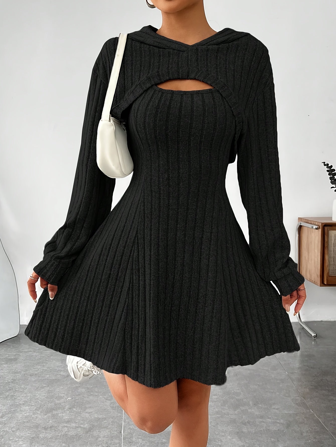 Women's Knit Sweater Dress - Ribbed Texture - V-Neck Cutout - Long Sleeve Mini Fit