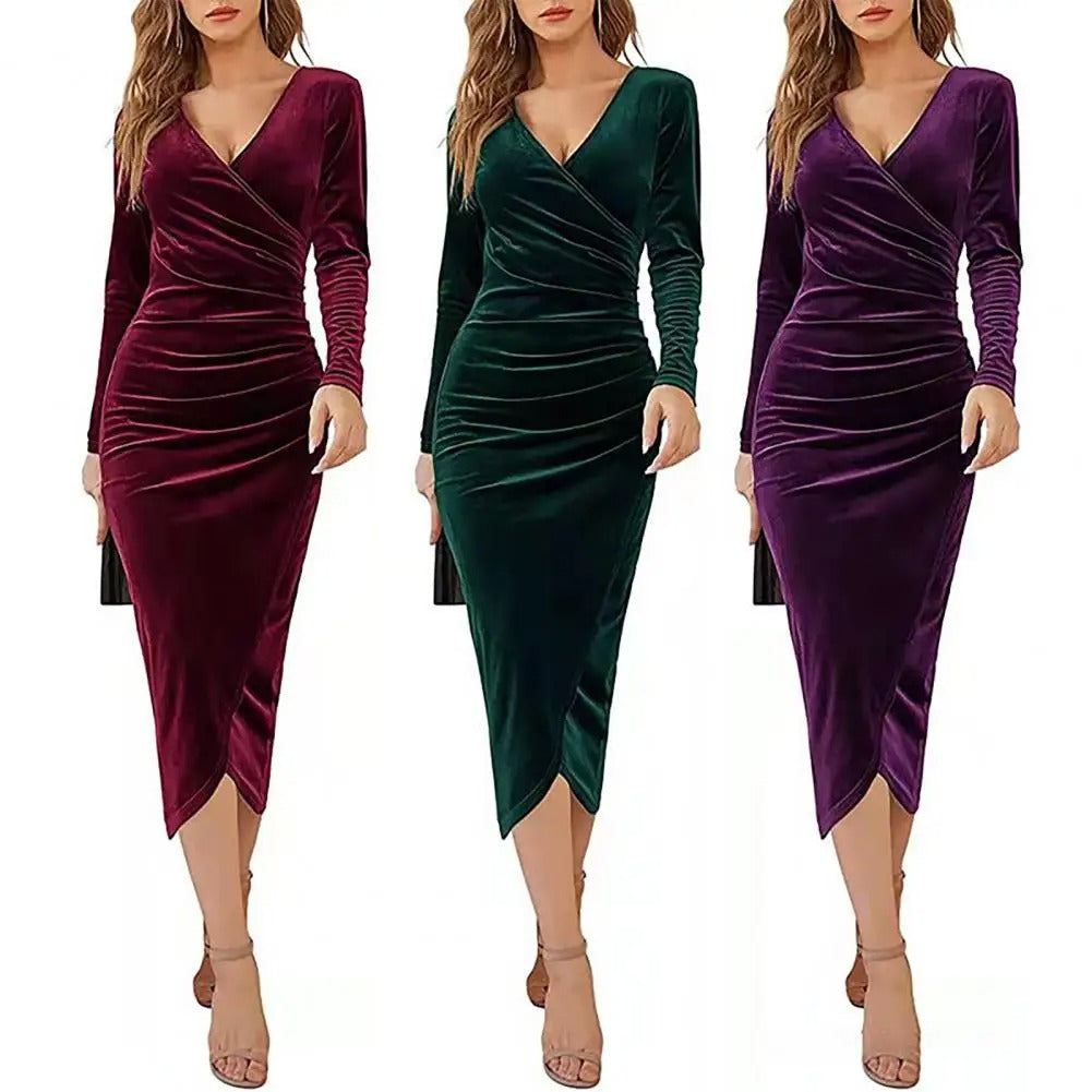 Women's Velvet Midi Dress - Wrap V-Neck - Long Sleeve - Fitted Elegant Ruched Design