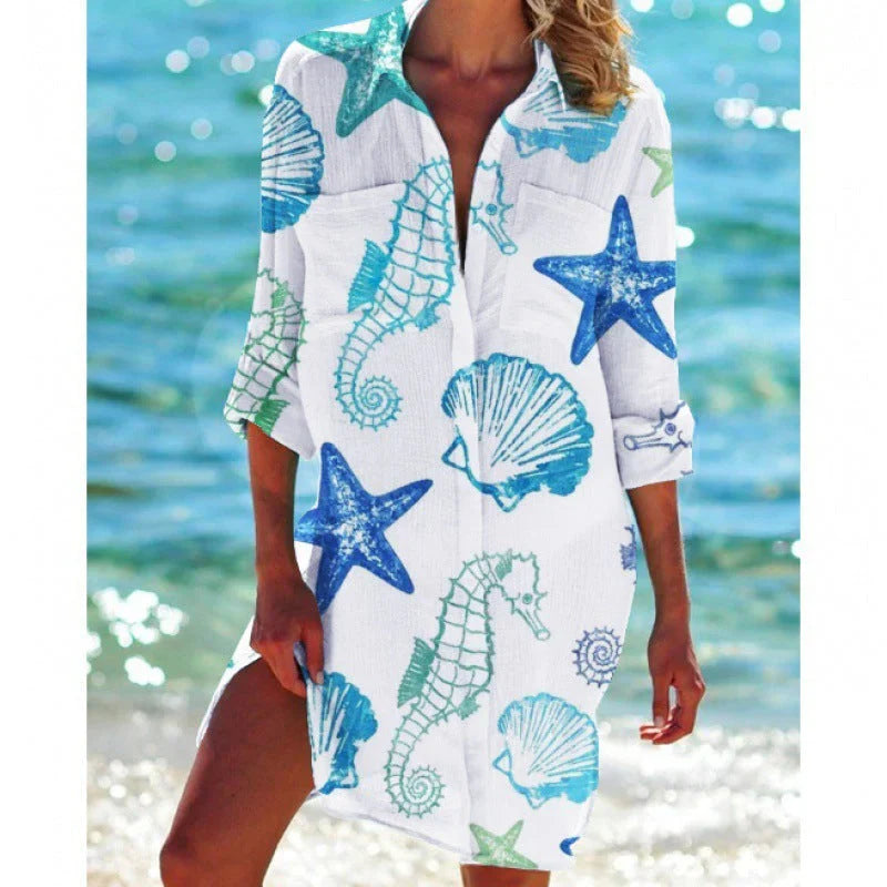 Women’s Tunic Cover-Up – Relaxed Fit – Breathable Blend – Button Front – Mid-Thigh Length