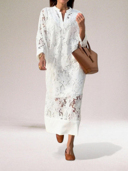 Women’s Maxi Dress – Lace Overlay – Relaxed Fit – Full Sleeve – Flowing Silhouette