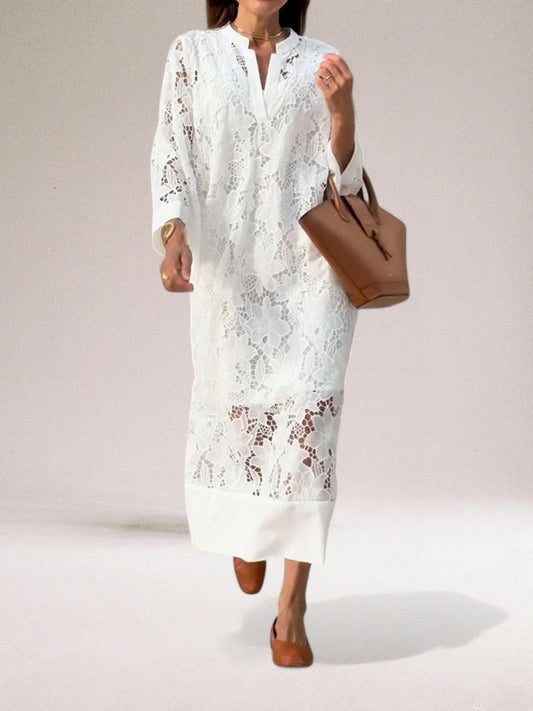 Women’s Maxi Dress – Lace Overlay – Relaxed Fit – Full Sleeve – Flowing Silhouette