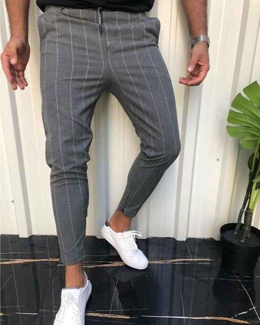 Men’s Slim Fit Pants – Cotton Blend – Vertical Stripes – Ankle Length – Tailored Waist