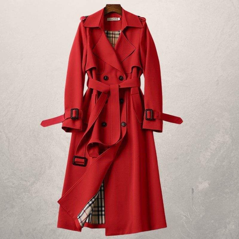 Women’s Trenchcoat – Tailored Fit – Double-Breasted – Belted Waist – Storm Flap – Wool-Feel