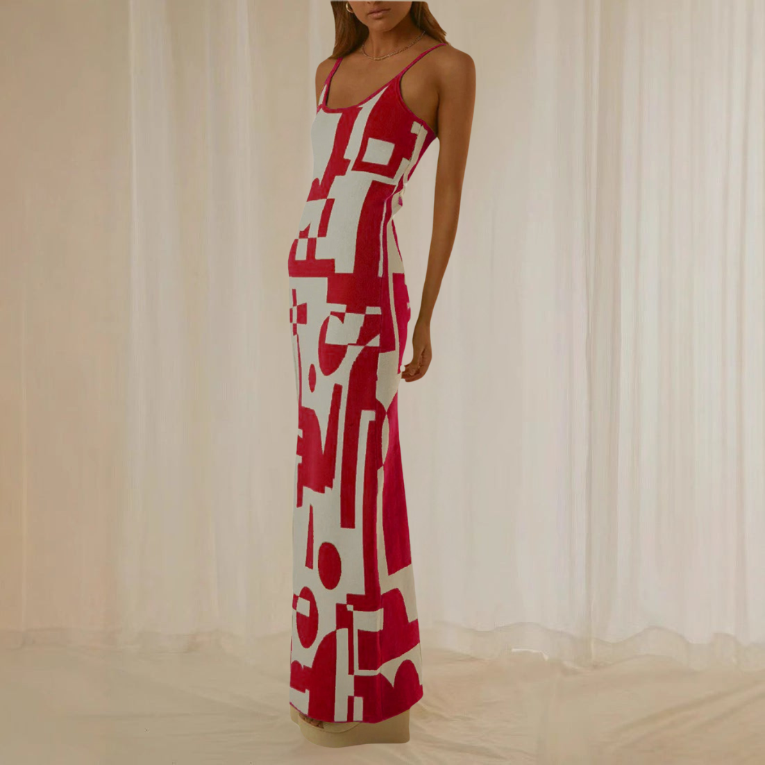 Women’s Maxi Dress – Bodycon Fit – Spaghetti Strap – Abstract Print – Stretch Fabric
