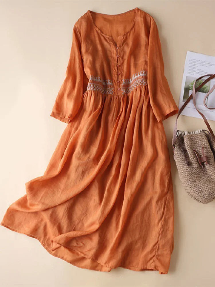 Women’s Midi Dress – Natural Fibers – Ethnic Embroidery – Loose Fit – V-Neck – 3/4 Sleeve
