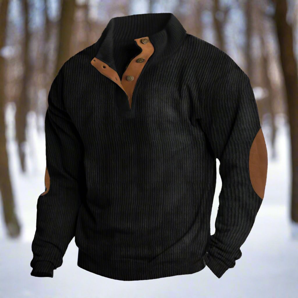 Men’s Knitted Sweater – Wool Blend – Relaxed Fit – High Collar – Ribbed Texture – Elbow Patches