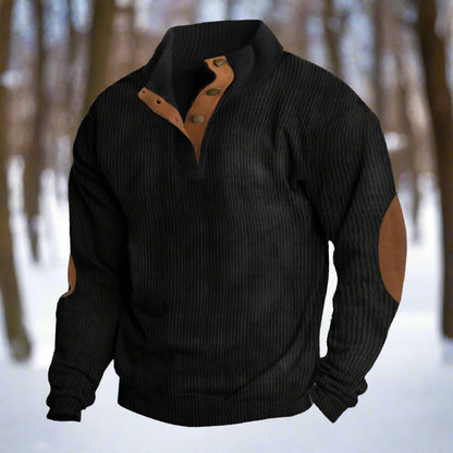 Men’s Knitted Sweater – Wool Blend – Relaxed Fit – High Collar – Ribbed Texture – Elbow Patches