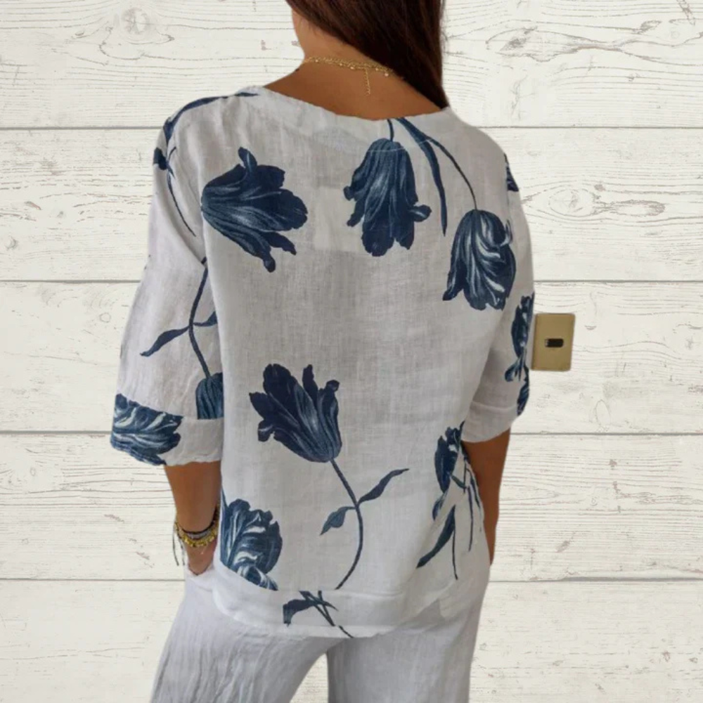 Women’s Blouse – Relaxed Fit – V-Neck – Half Sleeve – Floral Print – Cotton Blend