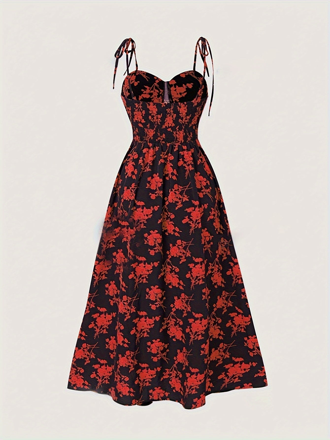 Women's Midi Dress - A-Line Fit - Ruched Bodice - Tie Strap Sleeveless - Floral Print