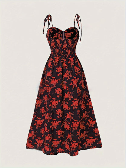 Women's Midi Dress - A-Line Fit - Ruched Bodice - Tie Strap Sleeveless - Floral Print
