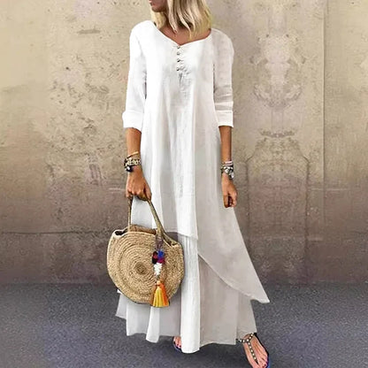 Women’s Midi Dress – Relaxed Fit – Natural Fibers – V-Neck – Layered Asymmetrical Hem