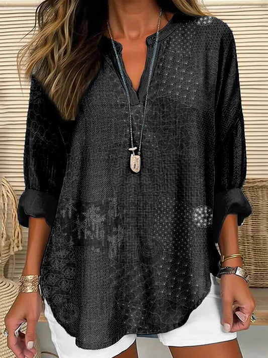 Women’s Tunic Top – Relaxed Fit – Breathable –Cotton Blend – Sashiko Pattern – Long Sleeve