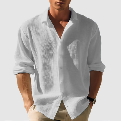 Men’s Button-Down Shirt – Relaxed Fit – Long Sleeve – Cotton Linen Textured