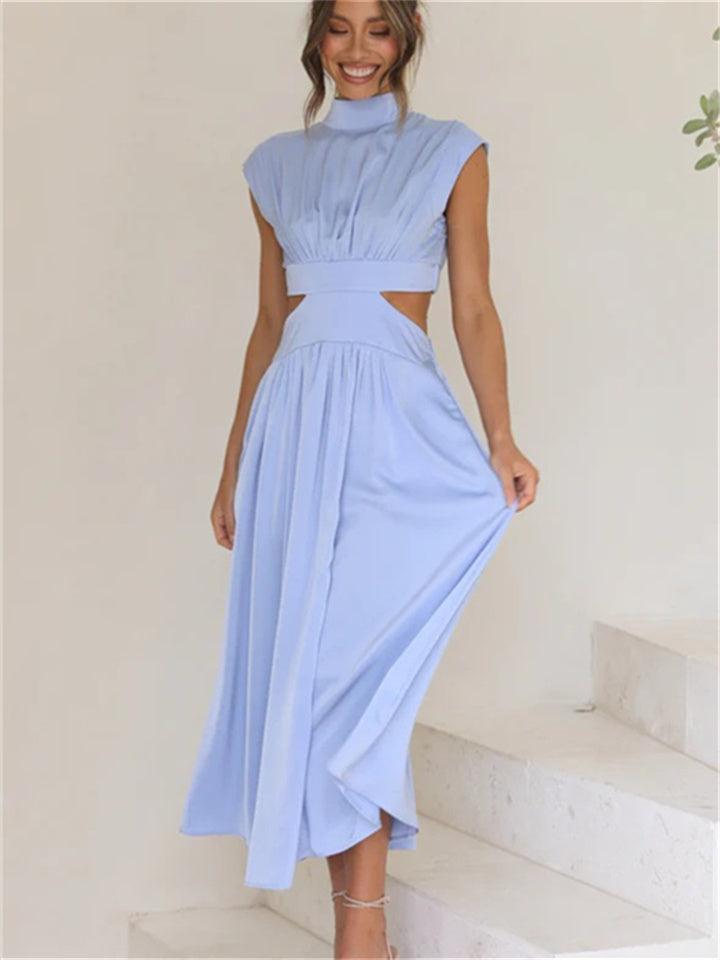 Women's Maxi Dress - Sleeveless A-Line - High Neck - Waist Cutout - Flowy Lightweight