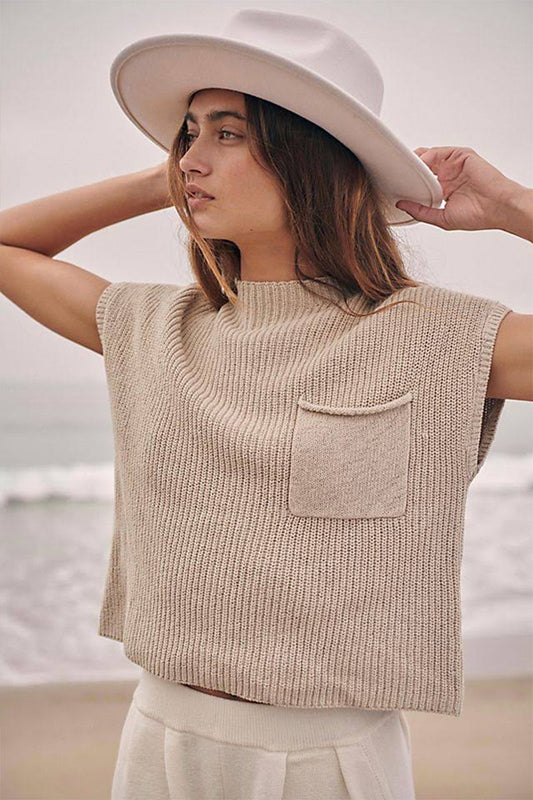 Women’s Knit Top – Ribbed Texture – Relaxed Fit – Sleeveless – Crew Neck – Cropped – Casual Style