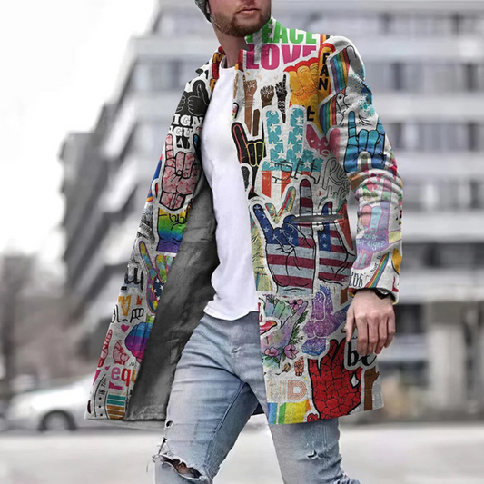 Men’s Coat – Tailored Fit – Graphic Print – Long Length – Open Front Statement Layer