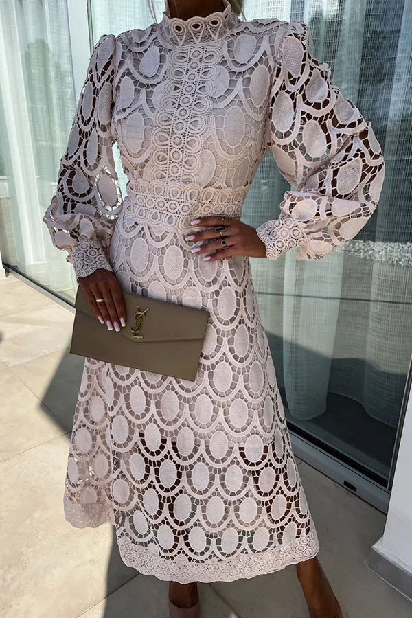 Women's Lace Midi Dress - High Neck - Long Puff Sleeve - Elegant Formal Wear