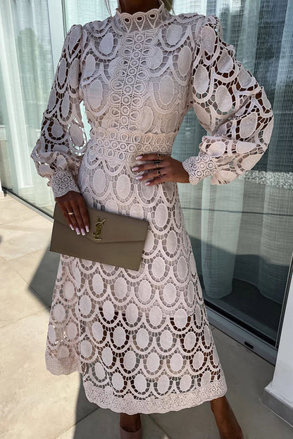 Women's Lace Midi Dress - High Neck - Long Puff Sleeve - Elegant Formal Wear