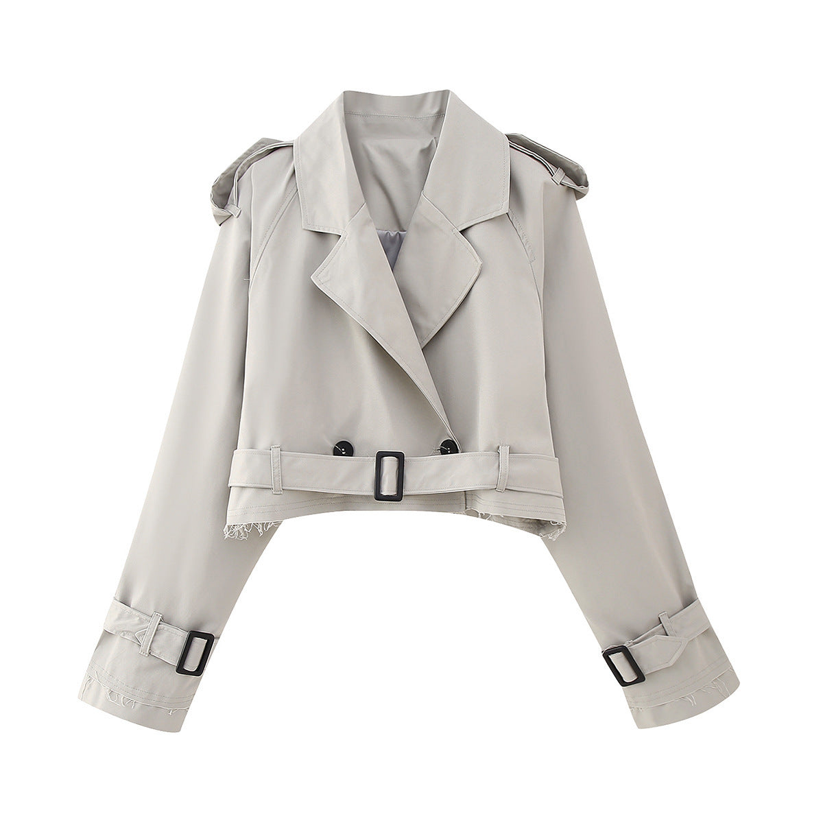 Women’s Cropped Trench Coat – Relaxed Fit – Double-Breasted – Belted Cuffs – Structured Silhouette