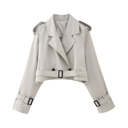 Women’s Cropped Trench Coat – Relaxed Fit – Double-Breasted – Belted Cuffs – Structured Silhouette