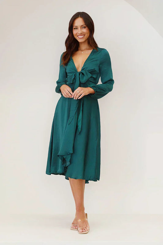 Women’s Midi Dress – Satin Feel – Fitted Bodice – Long Sleeve – Bow Front Detail