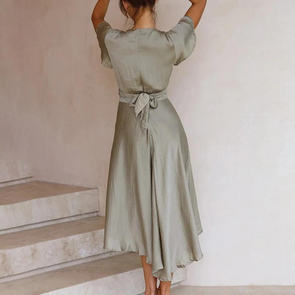 Women's Midi Dress - Wrap V-Neck - Flutter Sleeves - A-Line Silhouette - Elegant Fit