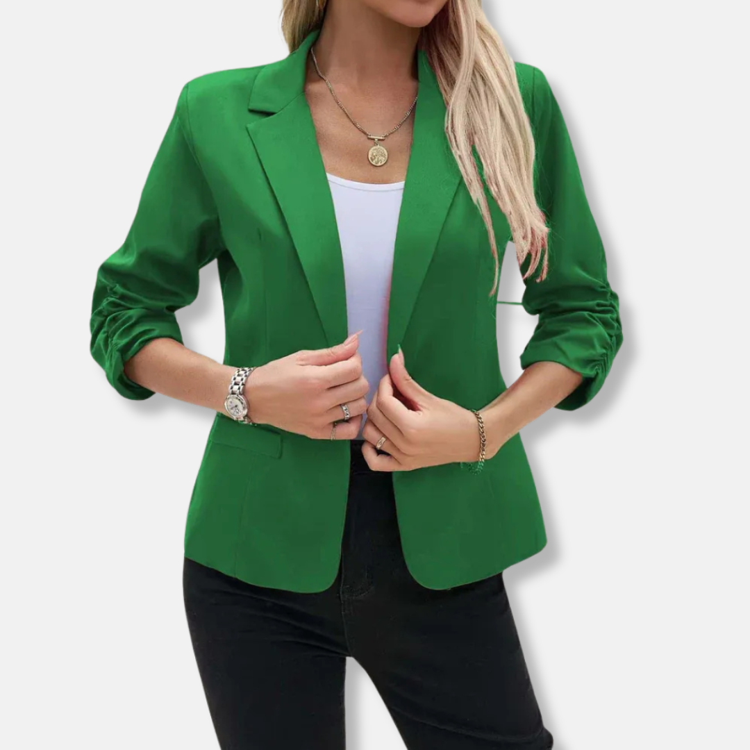 Women’s Blazer – Tailored Fit – Open Front – Three-Quarter Ruched Sleeves – Hip Length