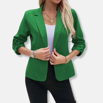 Women’s Blazer – Tailored Fit – Open Front – Three-Quarter Ruched Sleeves – Hip Length