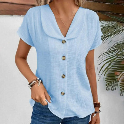 Women’s Blouse – Relaxed Fit – Crinkled Texture – Cropped – Short Sleeve – Button Front