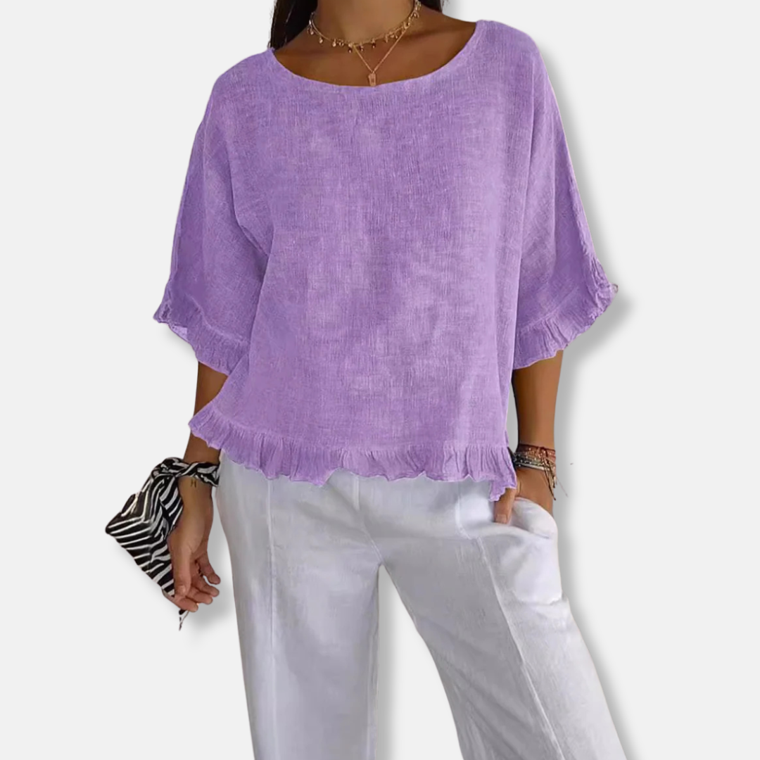 Women’s Blouse – Loose Fit – Short Sleeve – Ruffle Detail – Lightweight Woven