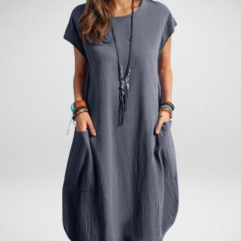 Women’s Midi Dress – Relaxed Fit – Breathable Blend – Short Sleeve with Pockets