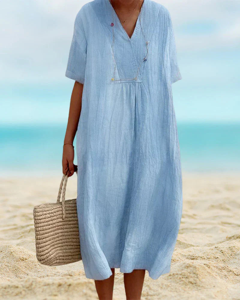 Women's Knee-Length Dress - Cotton Linen Blend - Loose Fit - V-Neck Short Sleeve Casual Wear