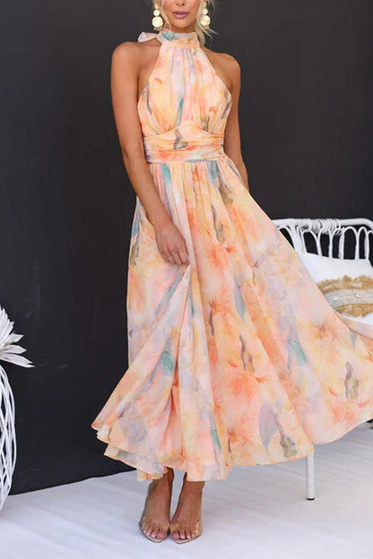 Women’s Maxi Dress – Halter Neck – Ruched Waist – Flowing A-Line – Breathable Blend