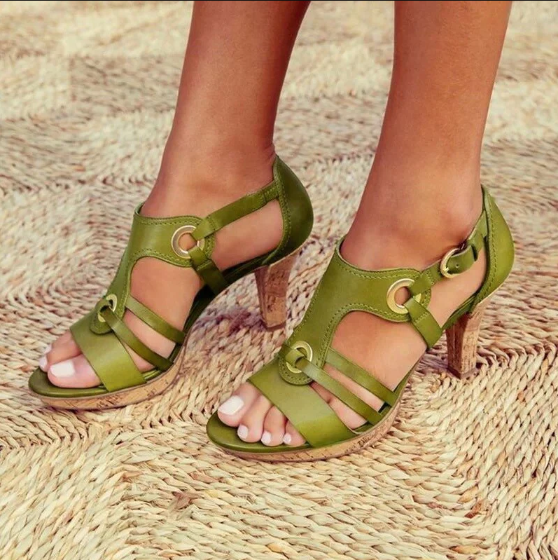 Women’s Sandals – Open Toe Block Heel – Cork Sole – Strappy Modern Design