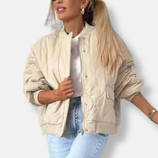 Women’s Quilted Jacket – Relaxed Fit – Snap Button Front – Ribbed Trim – Hip Length