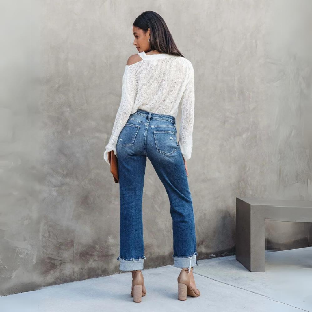 Women’s Denim Jeans – High Rise Waist – Straight Leg – Distressed – Cuffed Ankles
