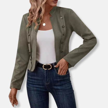 Women’s Cropped Jacket – Slim Fit – Double-Breasted – Mandarin Collar – Wool Blend