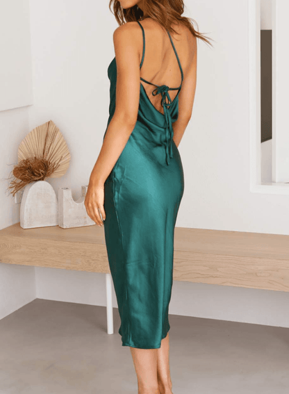 Women's Midi Slip Dress - Satin Fabric - One-Shoulder Elegant Formal Wear