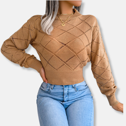 Women’s Knitted Sweatshirt – Cropped Fit – Cotton Blend – Openwork Diamond Pattern