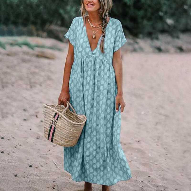 Women’s Maxi Dress – Relaxed Fit – V-Neck – Short Sleeve – Natural Fibers – Printed