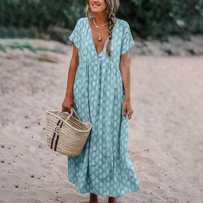 Women’s Maxi Dress – Relaxed Fit – V-Neck – Short Sleeve – Natural Fibers – Printed