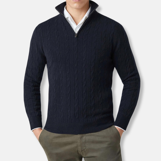 Freddie Cable Knit Stand Collar Sweater | Regular Fit Hip-Length Sweater
