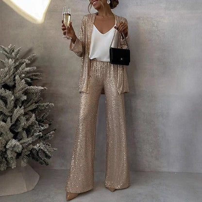 Women’s Two-Piece Set – Sequin Tailored Jacket – High-Waisted Wide-Leg Pants